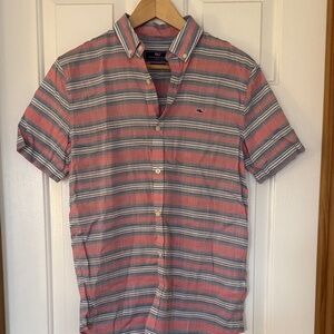 Vineyard Vines Boys’ Coral and Blue Striped Short-Sleeve Button-Down Shirt